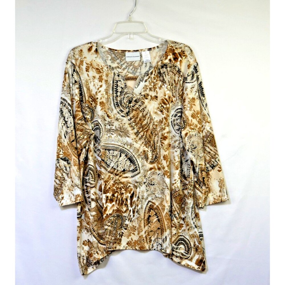 Alfred Dunner Womens X-Large Brown Cream Sequin Top 3/4 Sleeve Embellished